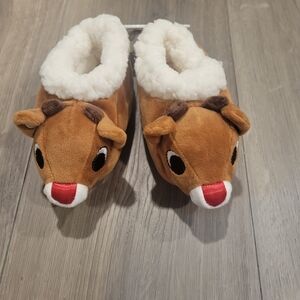 Brown Reindeer Rudolph Slippers with White Lining
